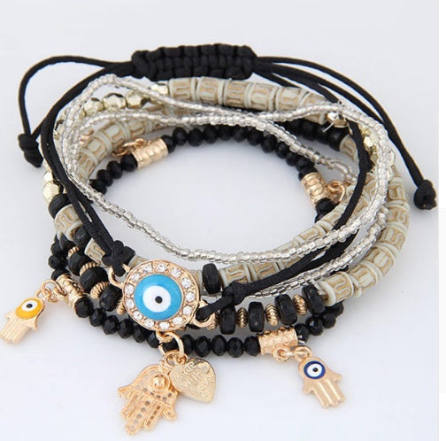 Boho Evil Eye Bracelet for Women – Multilayer Beads with Hamsa Hand & Heart Charms