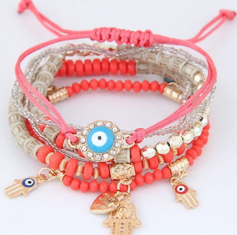 Boho Evil Eye Bracelet for Women – Multilayer Beads with Hamsa Hand & Heart Charms