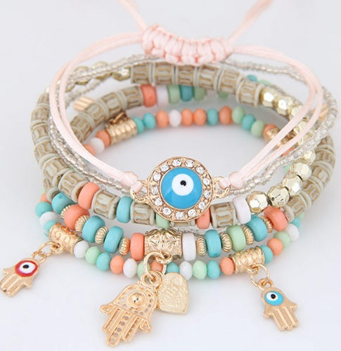 Boho Evil Eye Bracelet for Women – Multilayer Beads with Hamsa Hand & Heart Charms