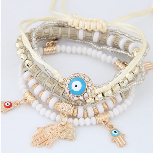 Boho Evil Eye Bracelet for Women – Multilayer Beads with Hamsa Hand & Heart Charms